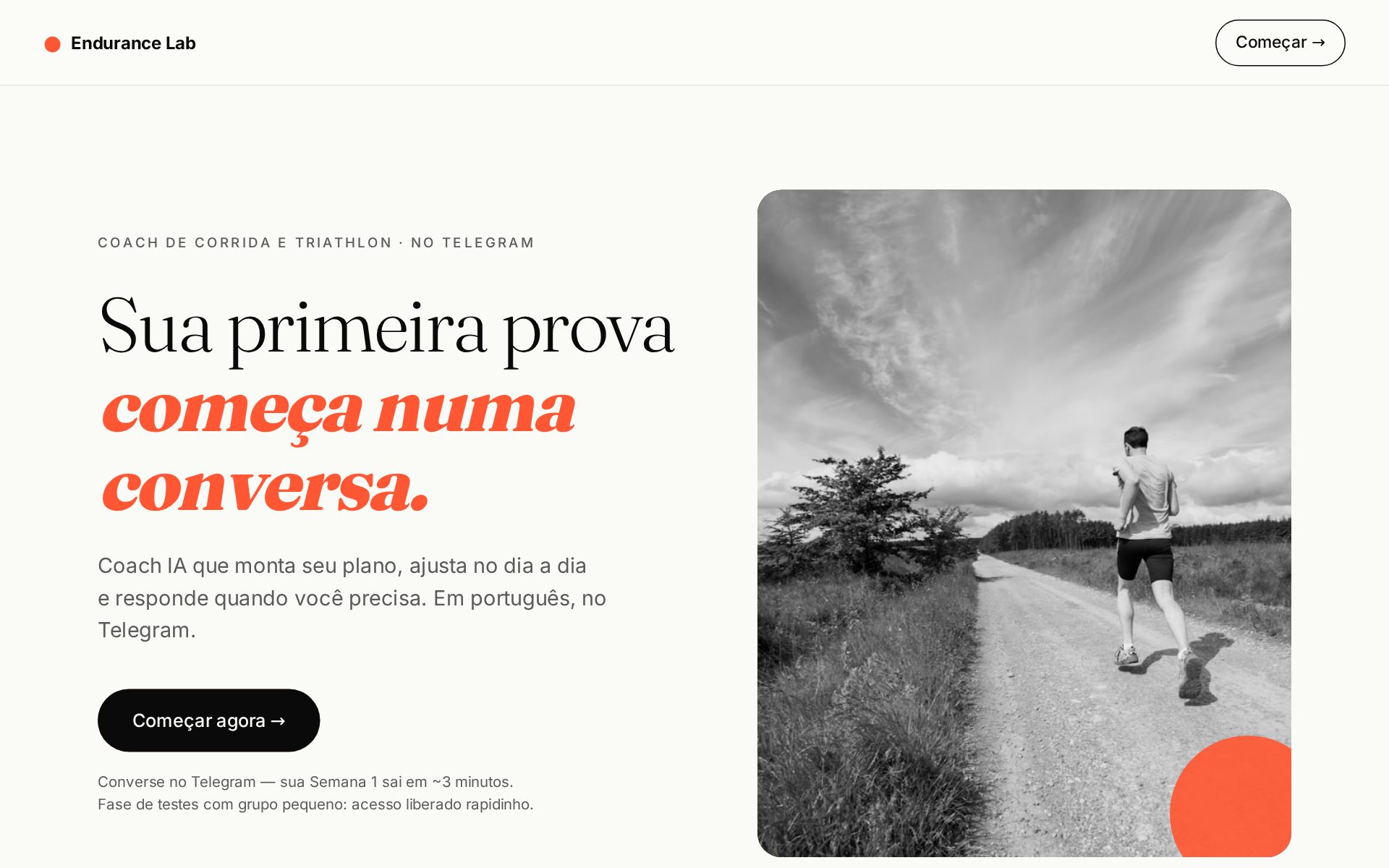 Página inicial do Endurance Lab: “Sua primeira prova começa numa conversa”